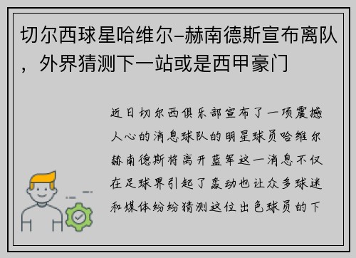 切尔西球星哈维尔-赫南德斯宣布离队，外界猜测下一站或是西甲豪门