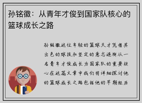 孙铭徽：从青年才俊到国家队核心的篮球成长之路