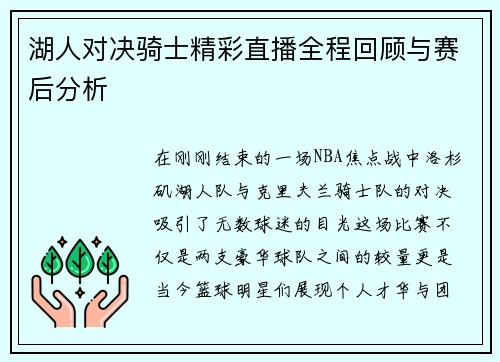湖人对决骑士精彩直播全程回顾与赛后分析