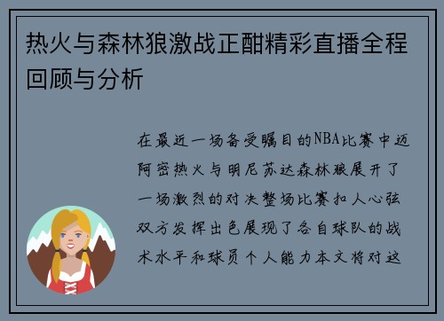 热火与森林狼激战正酣精彩直播全程回顾与分析
