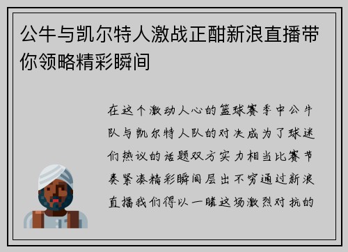 公牛与凯尔特人激战正酣新浪直播带你领略精彩瞬间