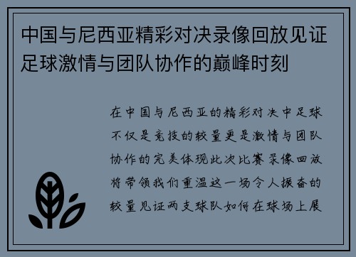 中国与尼西亚精彩对决录像回放见证足球激情与团队协作的巅峰时刻