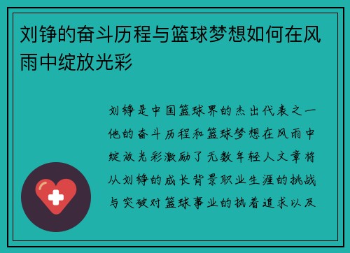 刘铮的奋斗历程与篮球梦想如何在风雨中绽放光彩
