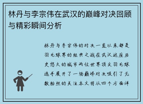 林丹与李宗伟在武汉的巅峰对决回顾与精彩瞬间分析