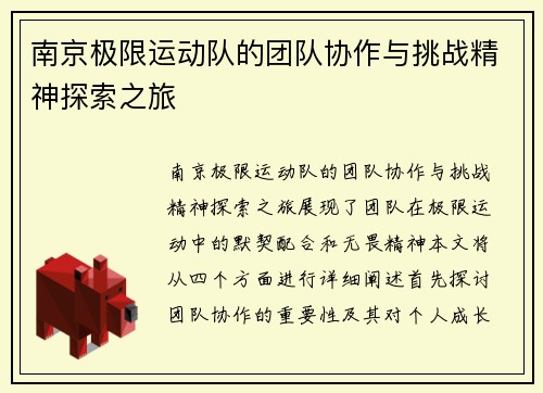 南京极限运动队的团队协作与挑战精神探索之旅